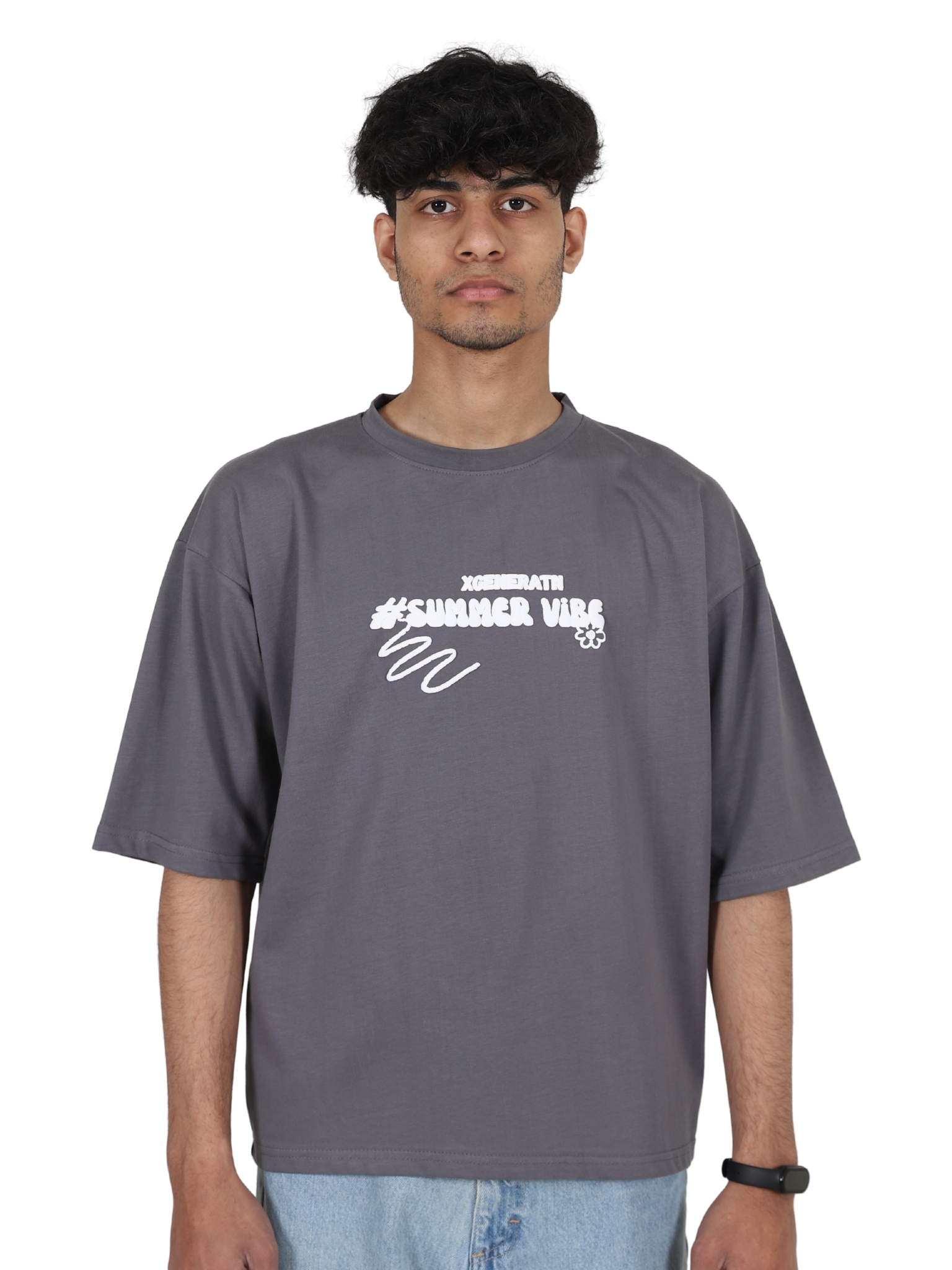 Relaxed Fit Grey T-Shirt with Stylish Puff Print | XGENERATN